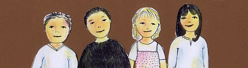 Zwei Jungen und zwei Mädchen. Sie zeigen die BLIK-Lautgebärden