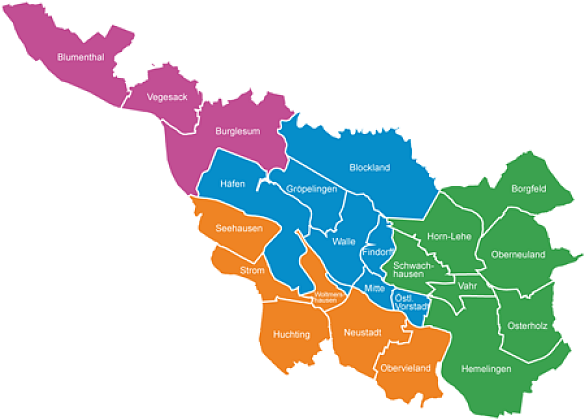 Karte der Bremer Regionen mit farblicher Aufschrift