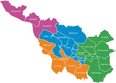 Karte der Bremer Regionen mit farblicher Aufschrift