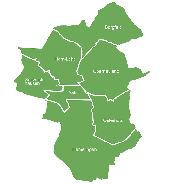 Das Bild zeigt die Stadtteile für die das ReBUZ Ost zuständig ist in der Farbe grün.